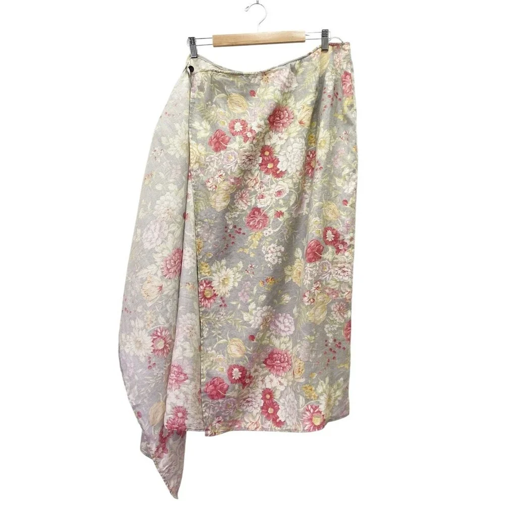 Vintage Lauren Ralph Lauren Floral Linen Wrap Skirt Gray Pink Yellow Sz 18W Midi